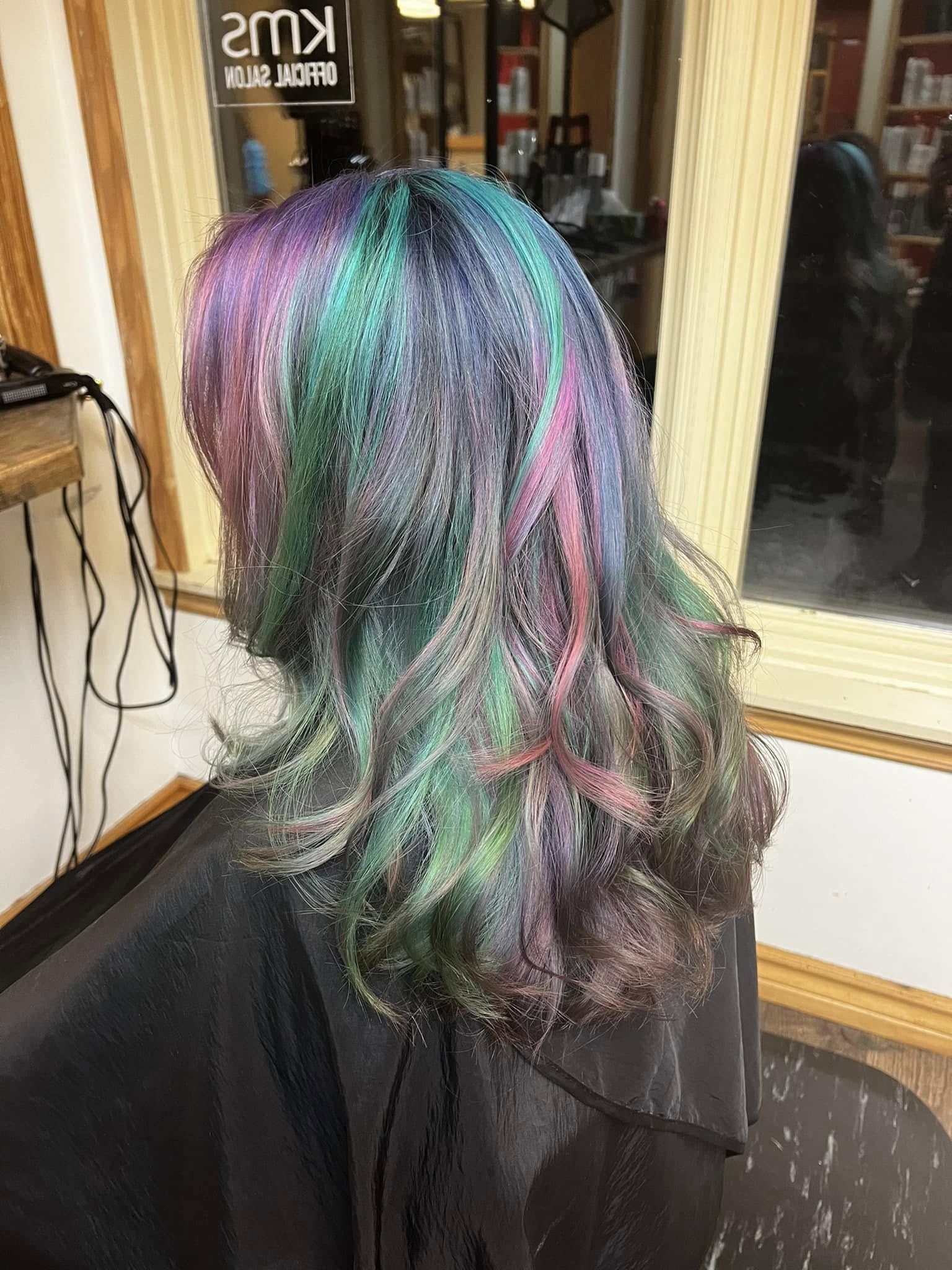 Rainbow pastel fashion colour in teal, pink and purple waves by Maryjo's Hair Design